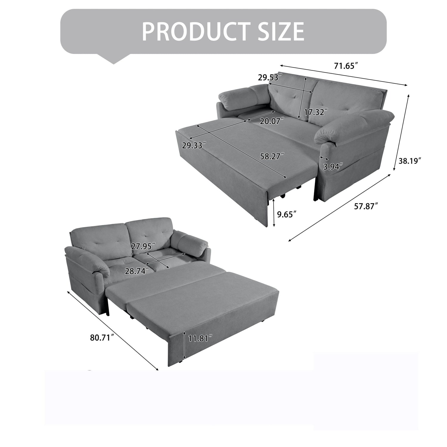 Modern Convertible Sleeper Sofa Bed With Pull-Out Queen Design, Side Storage &amp; Thick Cushions