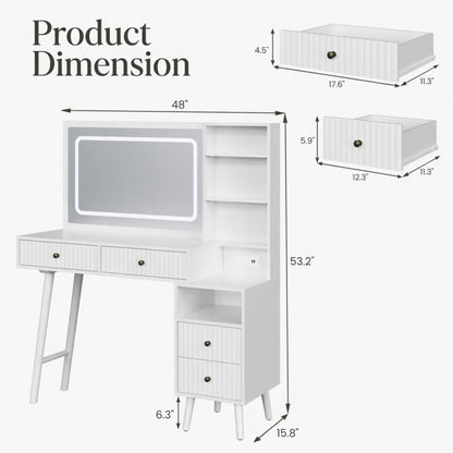Fluted Vanity Desk With Lighted Mirror &amp; Outlet 4 Drawer, Makeup Table - White