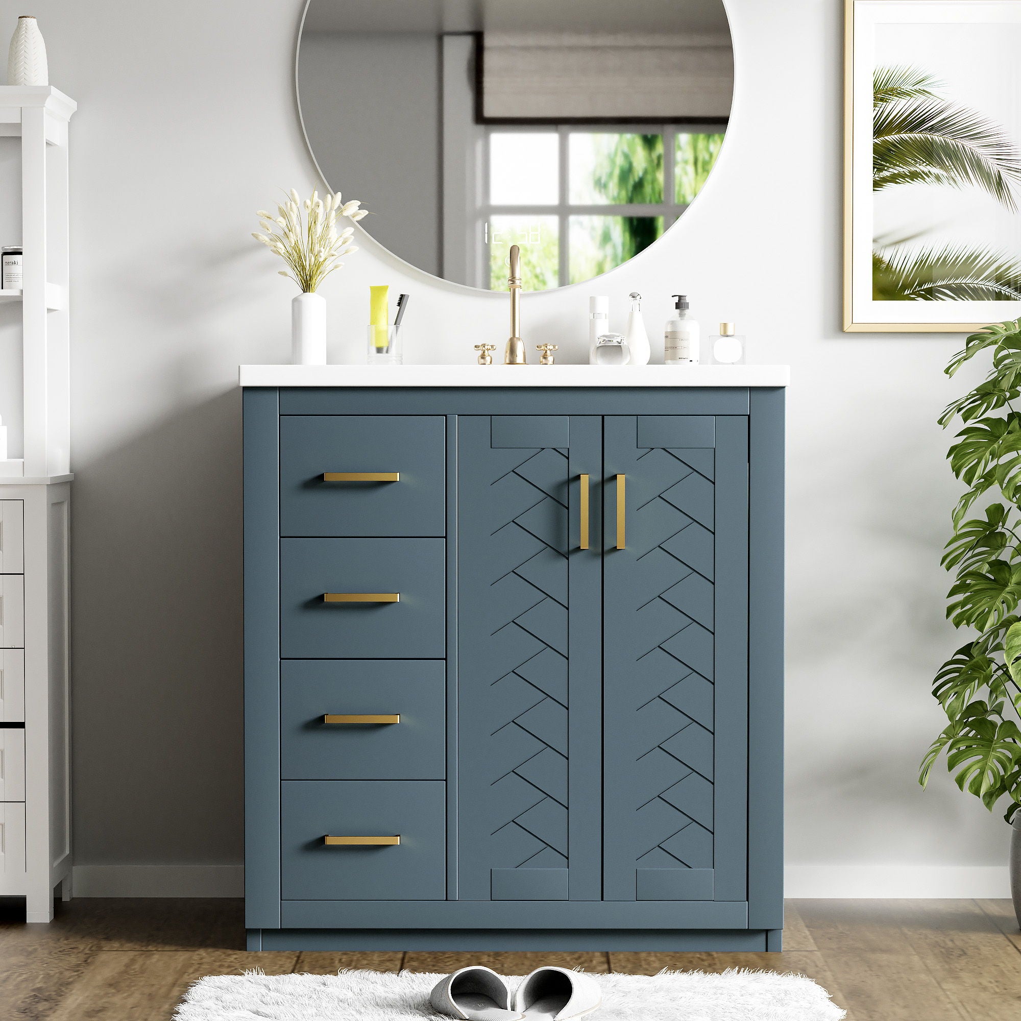 Ceramic Sink Combo, Freestanding Vanity Set With 3 Drawers &amp; Soft Closing Doors