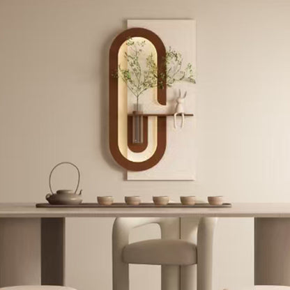 Adjustable LED Sandstone Wall Decor With Simulated Plants 3D Art Sculpture, Glass Vase &amp; Rabbit Statue, Remote Control - Light Coffee