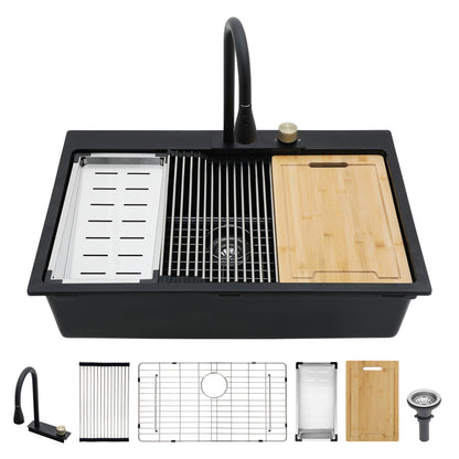 Waterfall Kitchen Sink With Pull Out Faucet &amp; Cup Washer