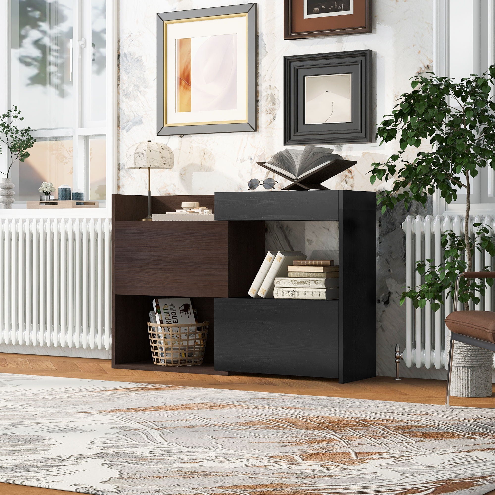 Modern Extendable &amp; Rotating Cabinet With Drawer And Flip Doors For Versatile Storage - Black / Dark Walnut