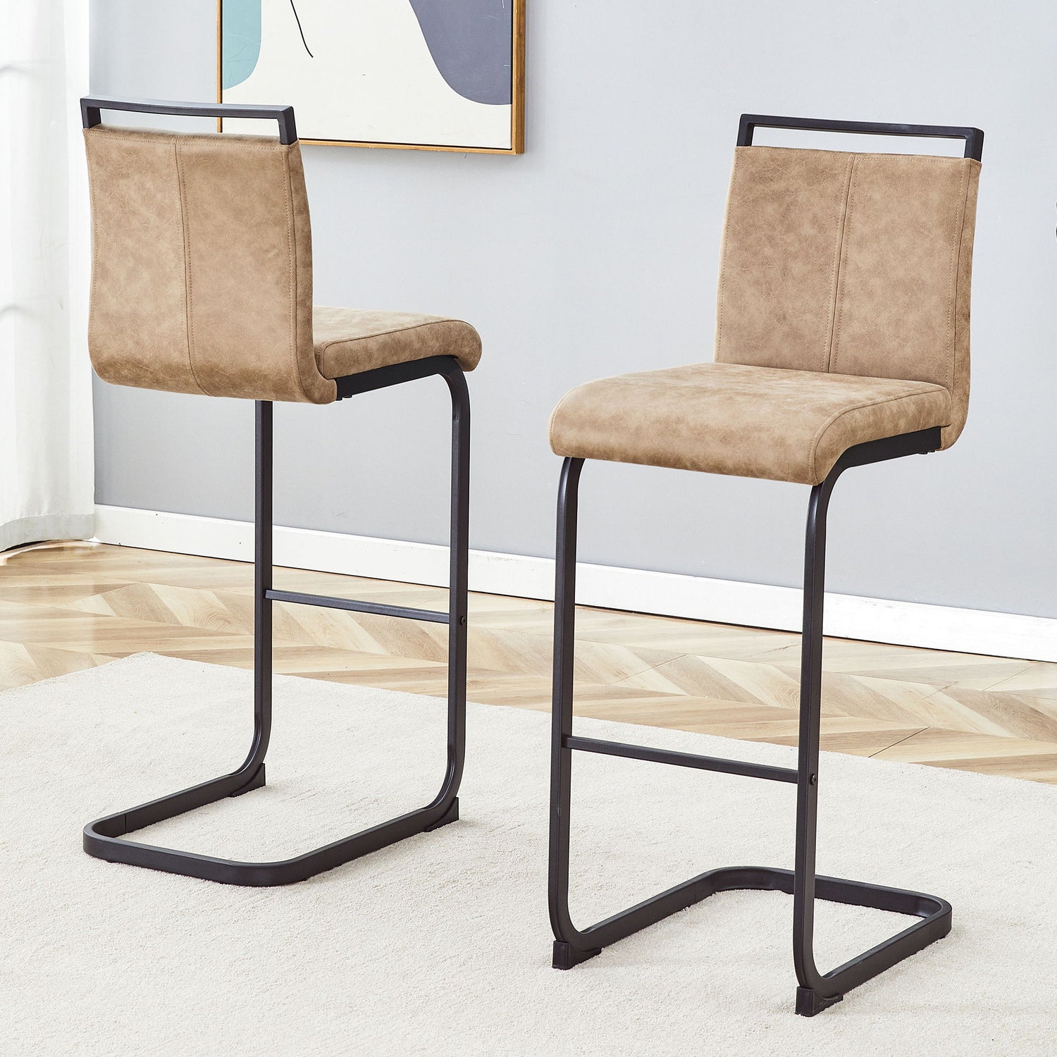 Modern Tech Fabric Bar Stool (Set of 2) With Metal Legs 42.5&quot; Tall For Home Bar &amp; Restaurant - Black / Brown