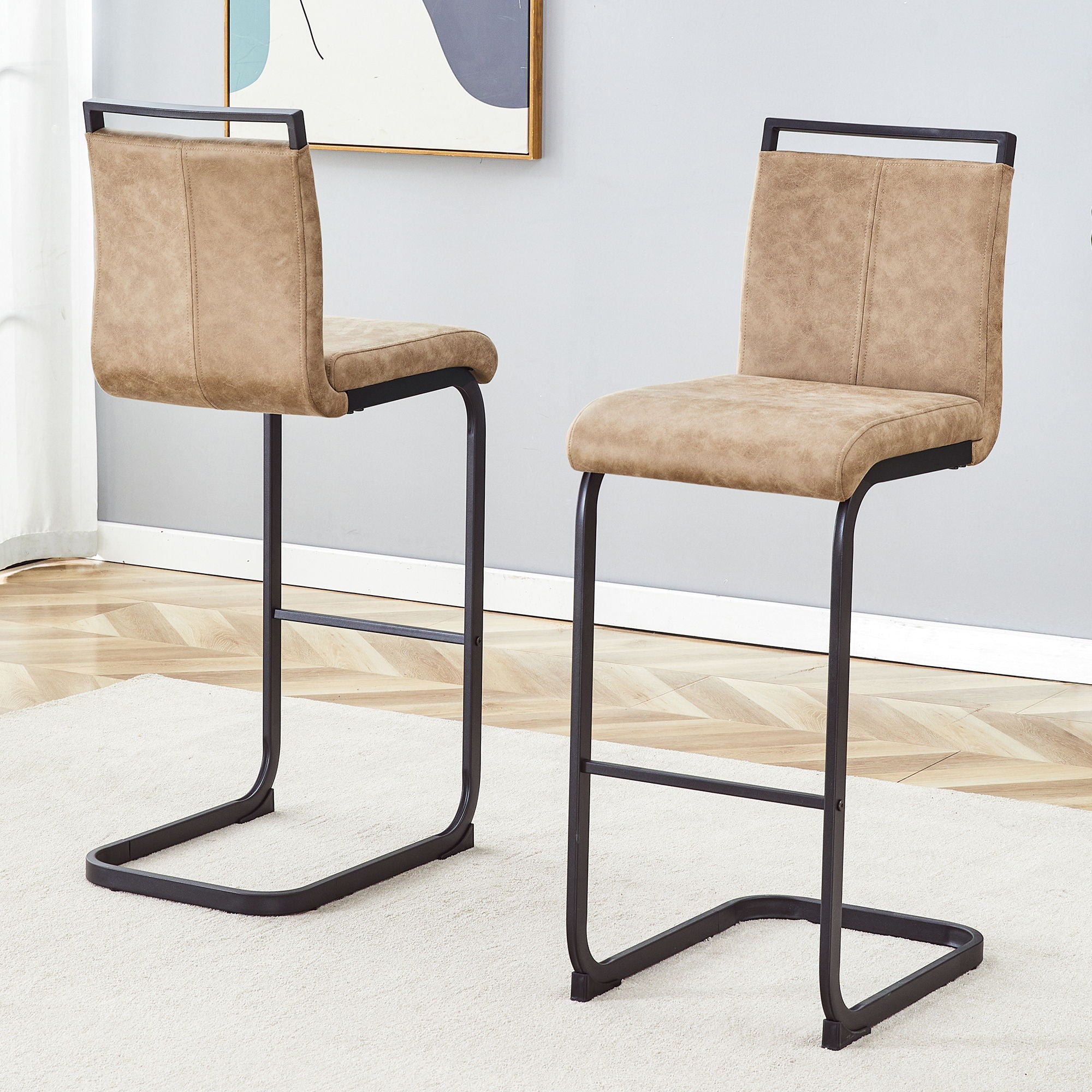 Modern Tech Fabric Bar Stool (Set of 2) With Metal Legs 42.5&quot; Tall For Home Bar &amp; Restaurant - Black / Brown