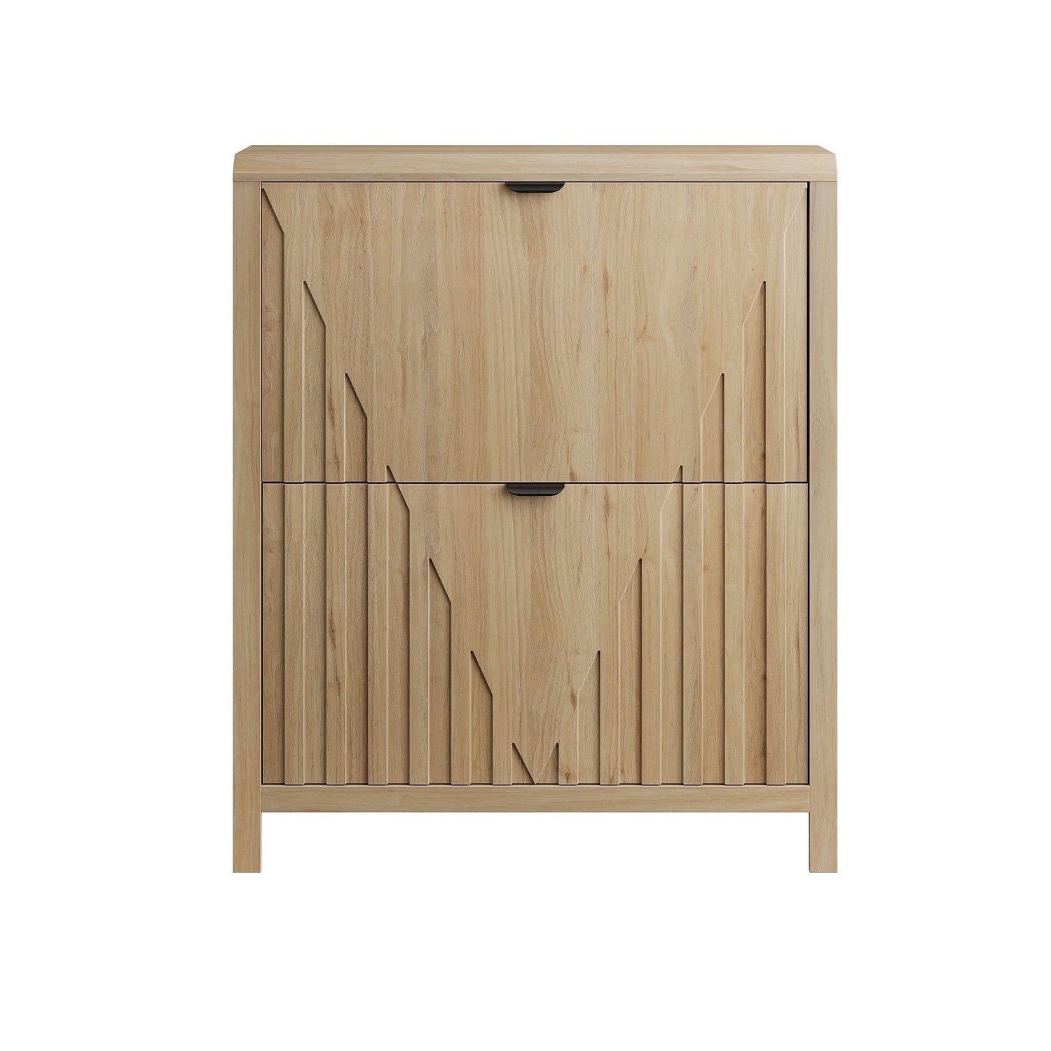 Entryway Shoe Cabinet With Vertical Carved Panels - Oak