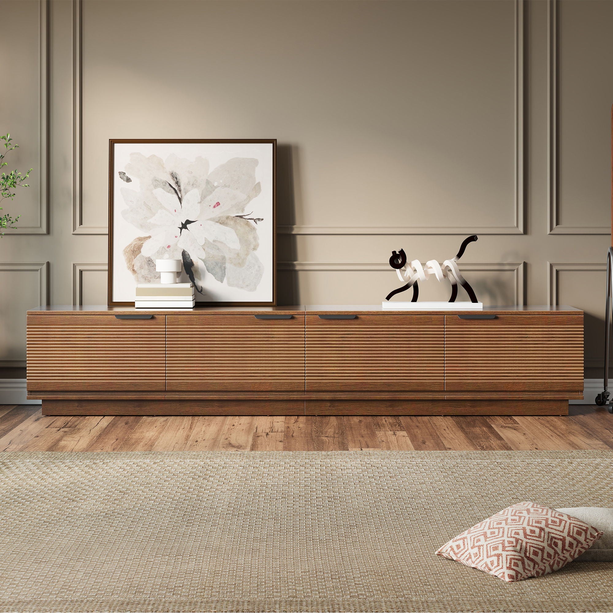 TV Stand, Entertainment Center With Fluted Door &amp; Cable Management, Soft Closing Hinges - Walnut