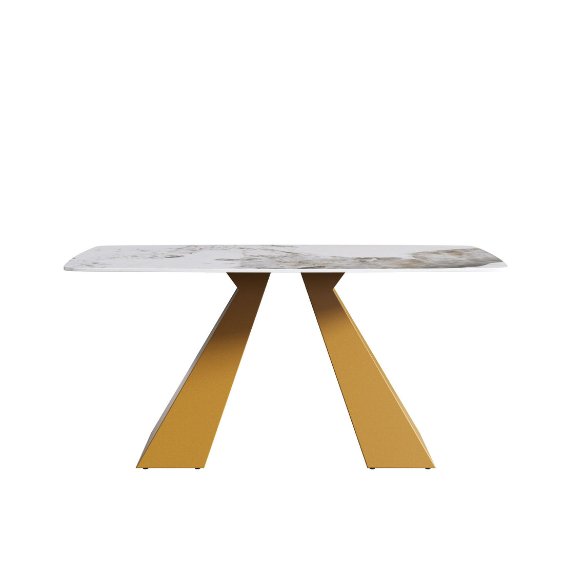 63&quot; Modern Artificial Stone Pandora White Curved Metal Leg Dining Table, 6 People - Antique White / Gold