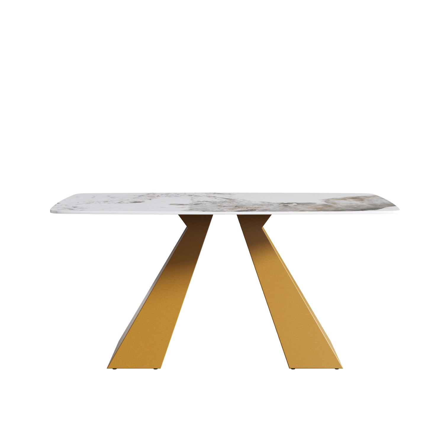 63&quot; Modern Artificial Stone Pandora White Curved Metal Leg Dining Table, 6 People - Antique White / Gold