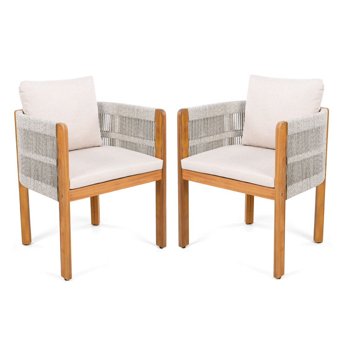 Outdoor Dining Chairs &amp; Rope Handles (Set of 2) - Beige / Teak