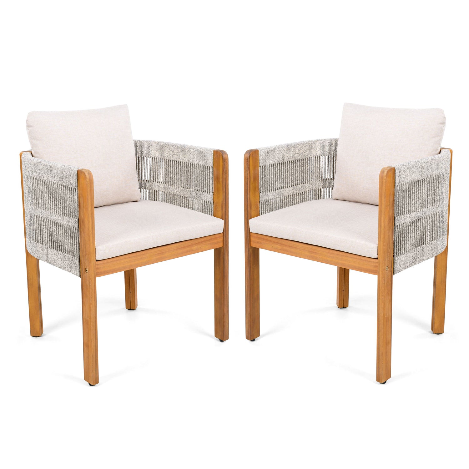 Outdoor Dining Chairs &amp; Rope Handles (Set of 2) - Beige / Teak