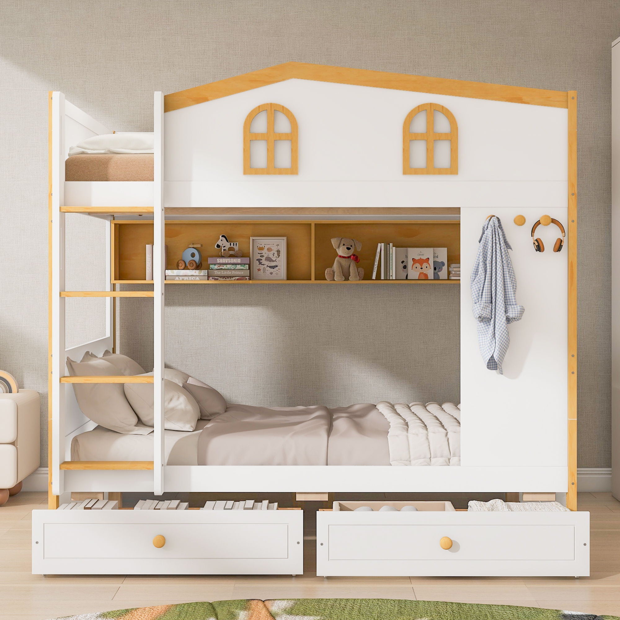 Twin Over Twin Bunk Bed With House Shaped Guardrails, Storage Shelves &amp; Drawers - White / Natural