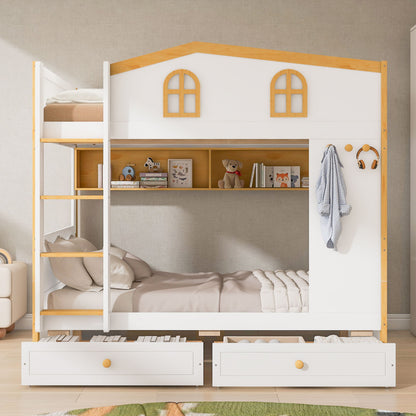 Twin Over Twin Bunk Bed With House Shaped Guardrails, Storage Shelves &amp; Drawers - White / Natural