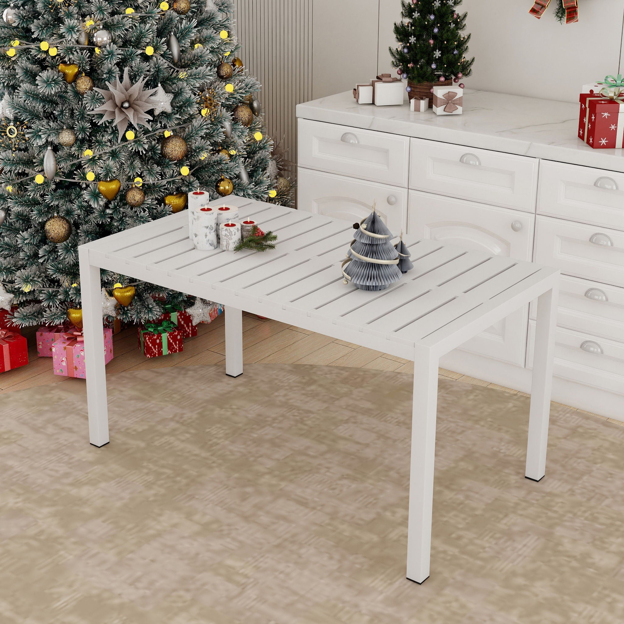 Modern Long Table, UV Resistant And Rust Proof, Pp Tabletop, UV Resistant Powder Coated Metal Legs - Snow White