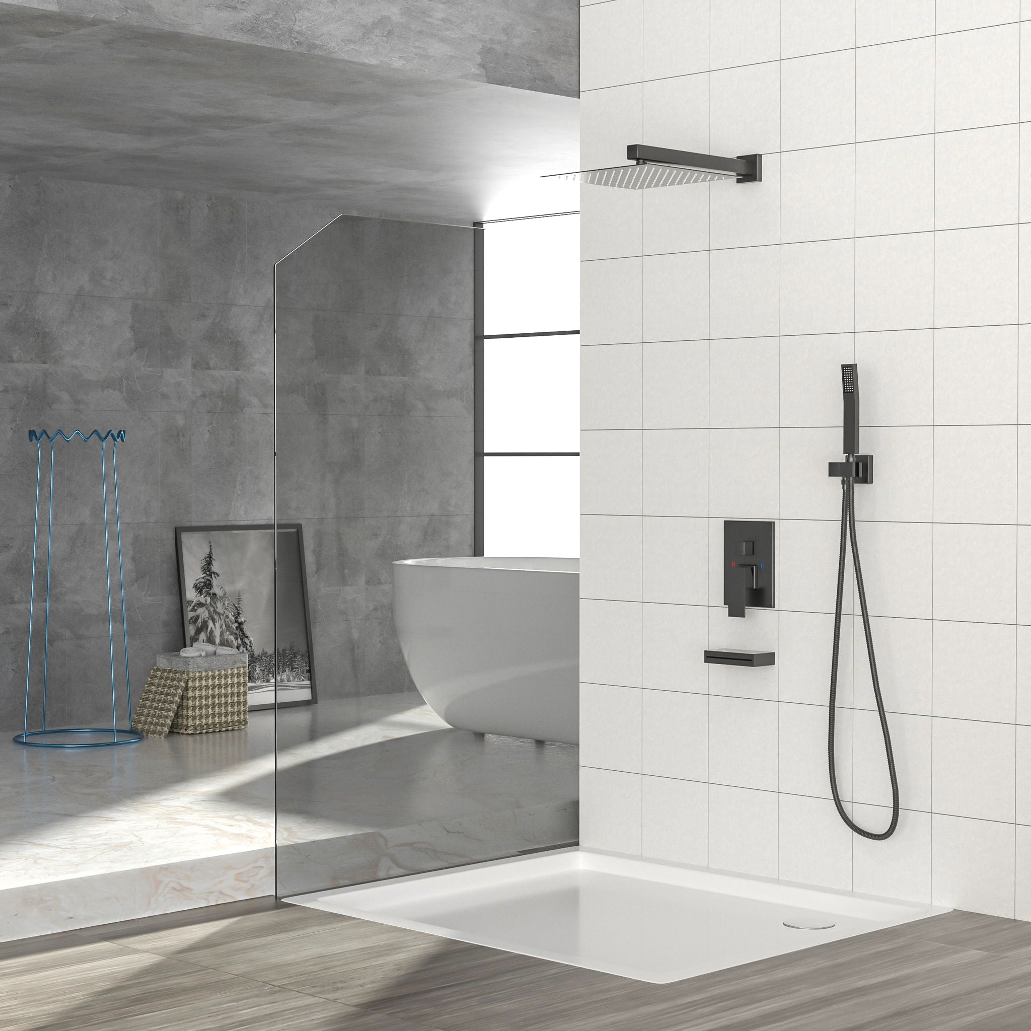 12&quot; Ceiling Mount Square Shower System With Waterfall Tub Spout And Handheld Shower