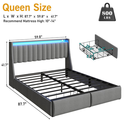 Upholstered Platform Bed Frame With RGB LED Lights, Charging Station &amp; 2 Underbed Drawers