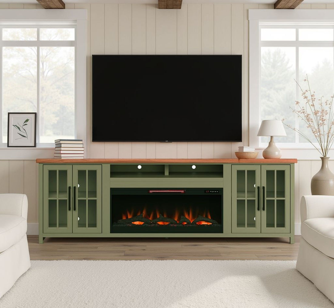 Vineyard - 97&quot; Fireplace TV Stand Console For TVs Up To 100&quot; - Sage Green And Fruitwood Finish