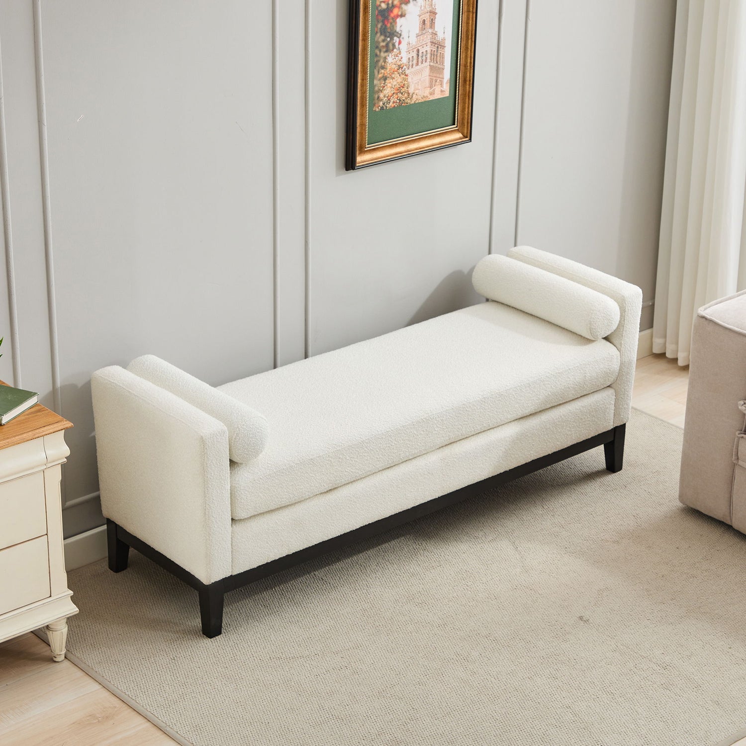 Elegant Upholstered Bench, Daybed, Ottoman With Wood Legs &amp; Bolster Pillows - Ivory Boucle