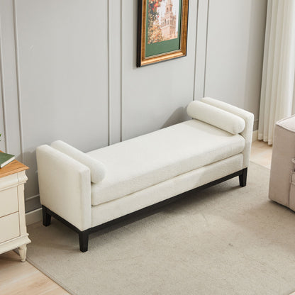 Elegant Upholstered Bench, Daybed, Ottoman With Wood Legs &amp; Bolster Pillows - Ivory Boucle