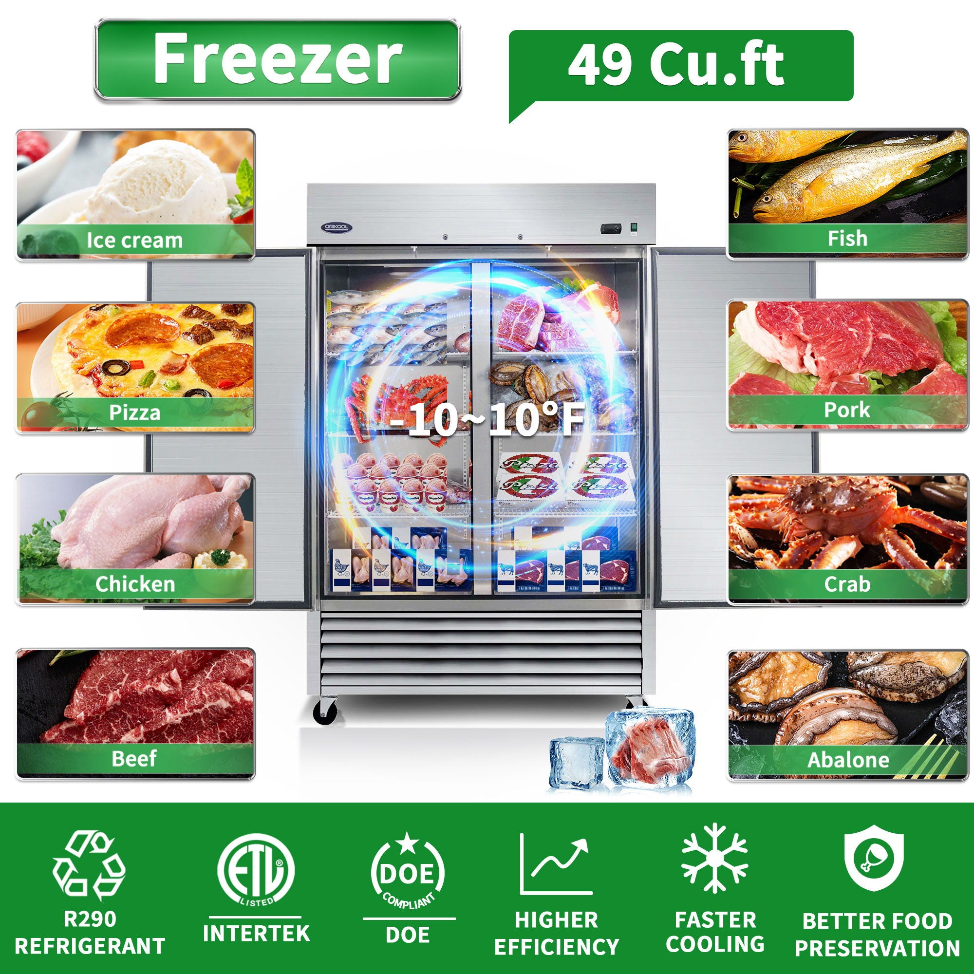 54&quot; Commercial Freezer 49 Cu.Ft With 2 Solid Door Reach-In Freezers Stainless Steel Etl Approved Upright Freeze Storage - Silver