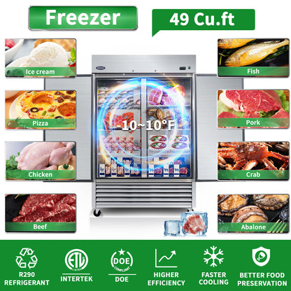 54&quot; Commercial Freezer 49 Cu.Ft With 2 Solid Door Reach-In Freezers Stainless Steel Etl Approved Upright Freeze Storage - Silver
