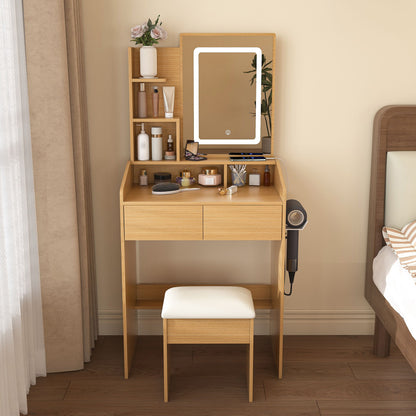 Vanity Table With LED Mirror, Power Outlet, Hairdryer Holder &amp; Padded Stool, Compact Dressing Desk For Small Bedrooms - Wood