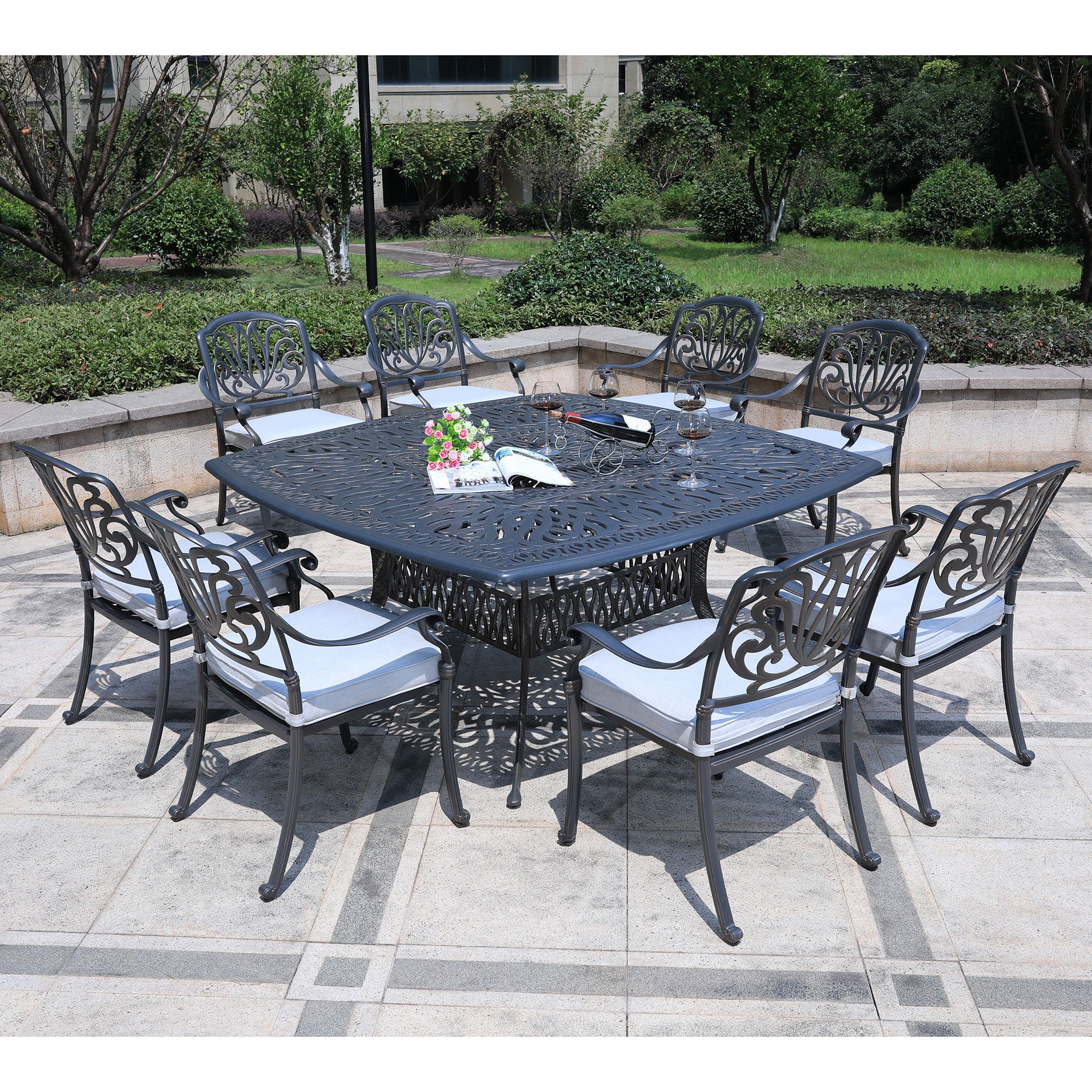 Square 8 Person 64&quot; Long Aluminum Dining Set With Cushions