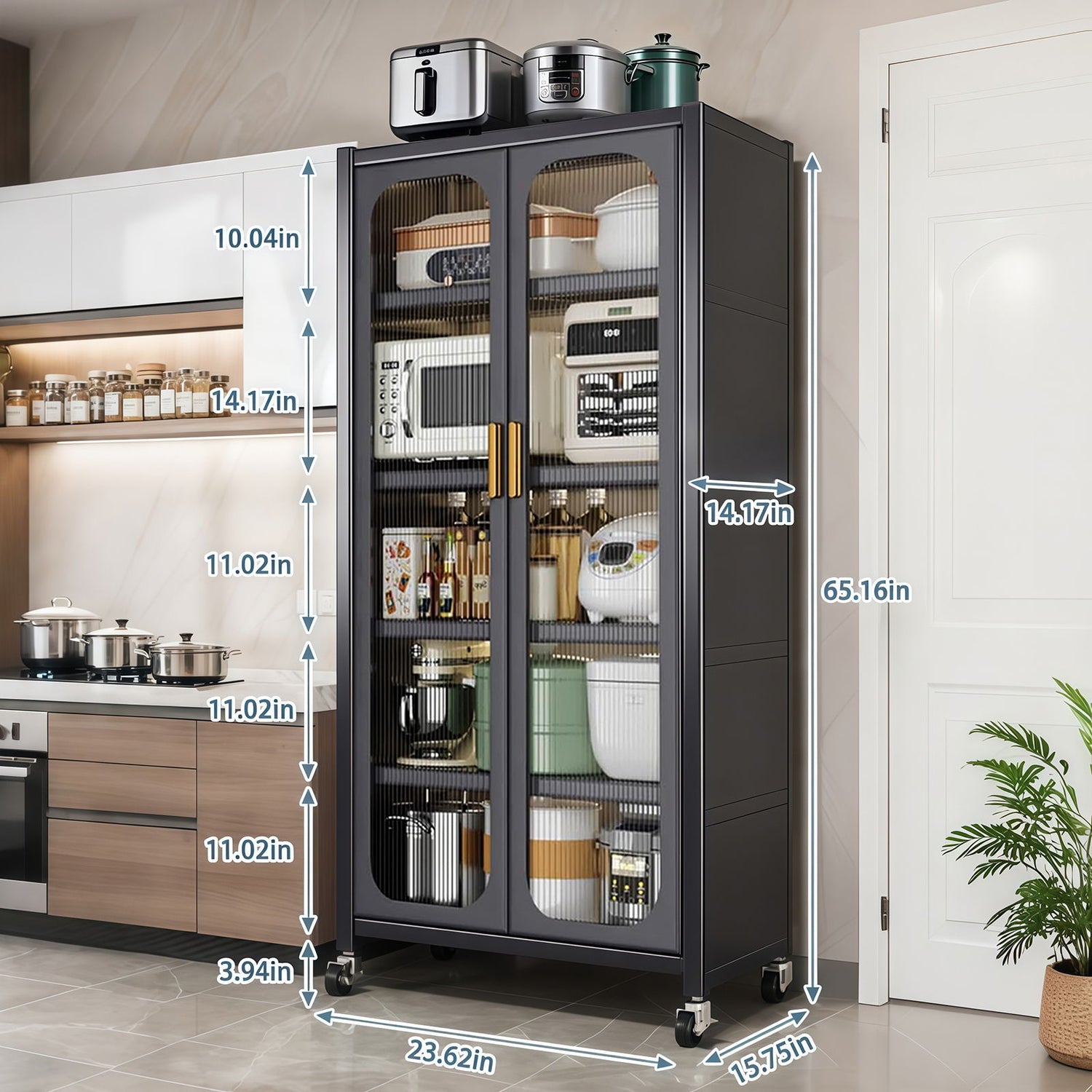 6 Tier Storage Cabinet With Transparent Door, Adjustable Shelves &amp; Wheels