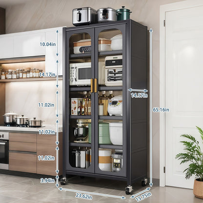 6 Tier Storage Cabinet With Transparent Door, Adjustable Shelves &amp; Wheels