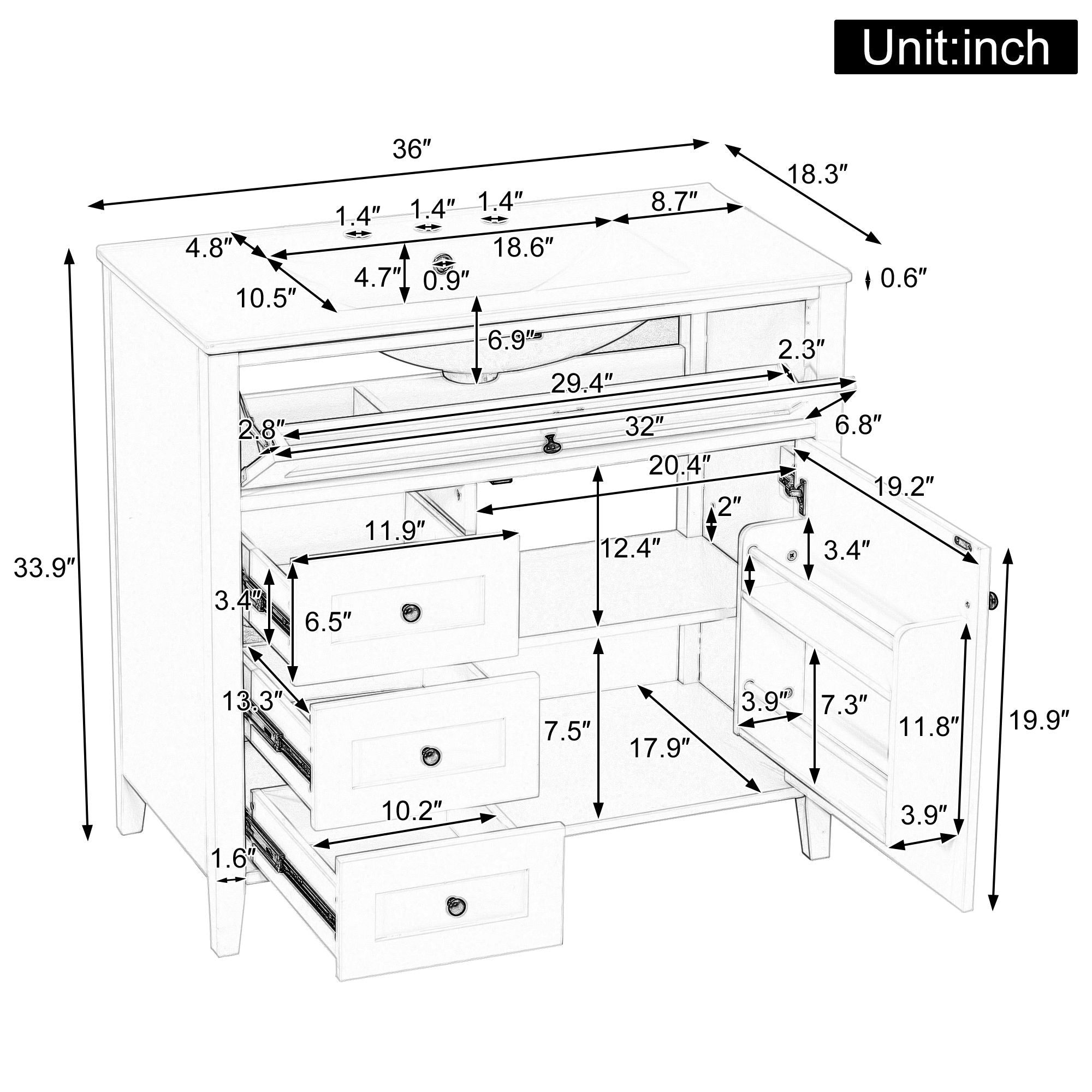Bathroom Vanity With Sink, 3 Drawers &amp; Cabinet With Adjustable Shelves