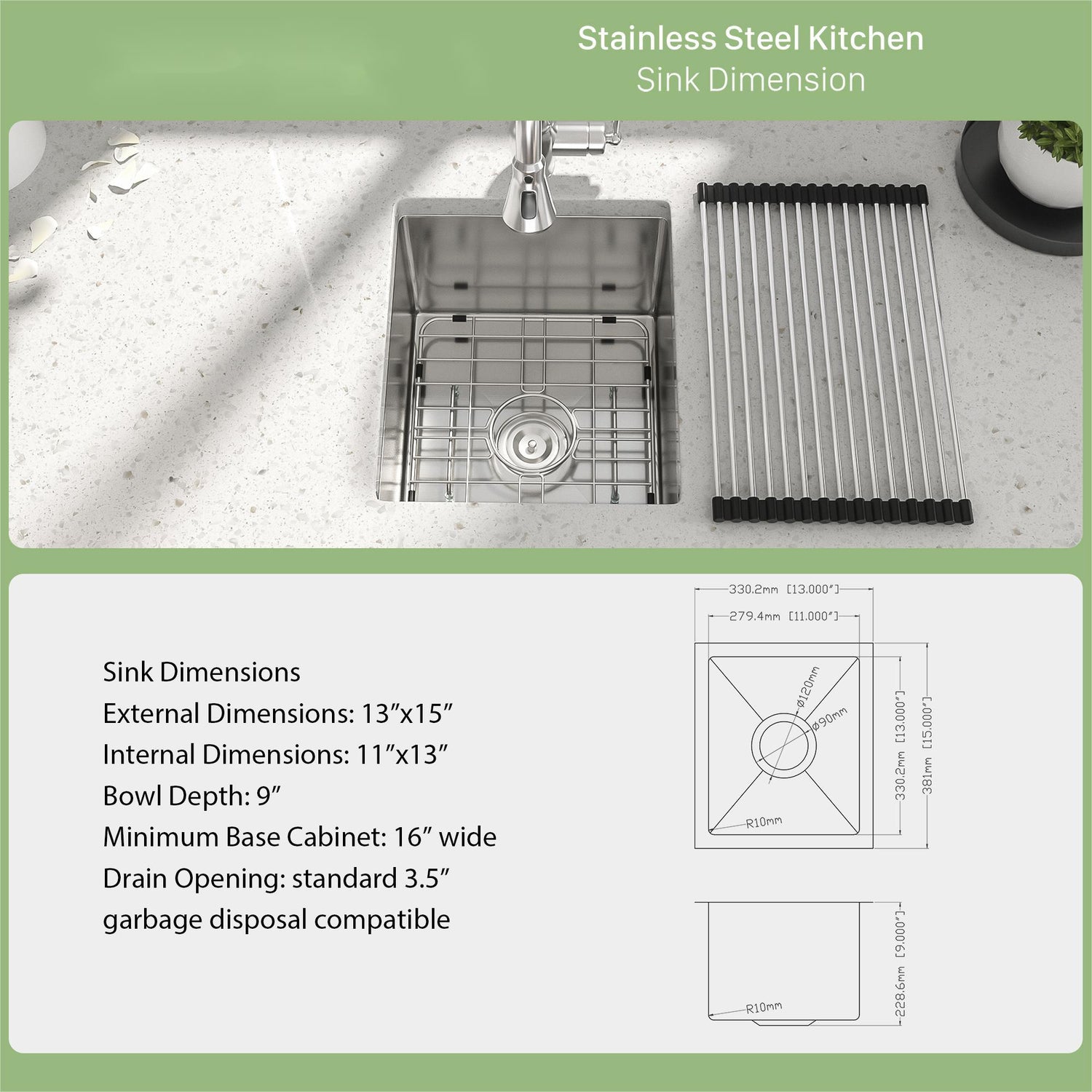 13&quot; Undermount Kitchen Sink 16 Gauge Single Bowl - Brushed Nickel