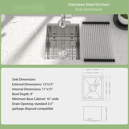 13&quot; Undermount Kitchen Sink 16 Gauge Single Bowl - Brushed Nickel