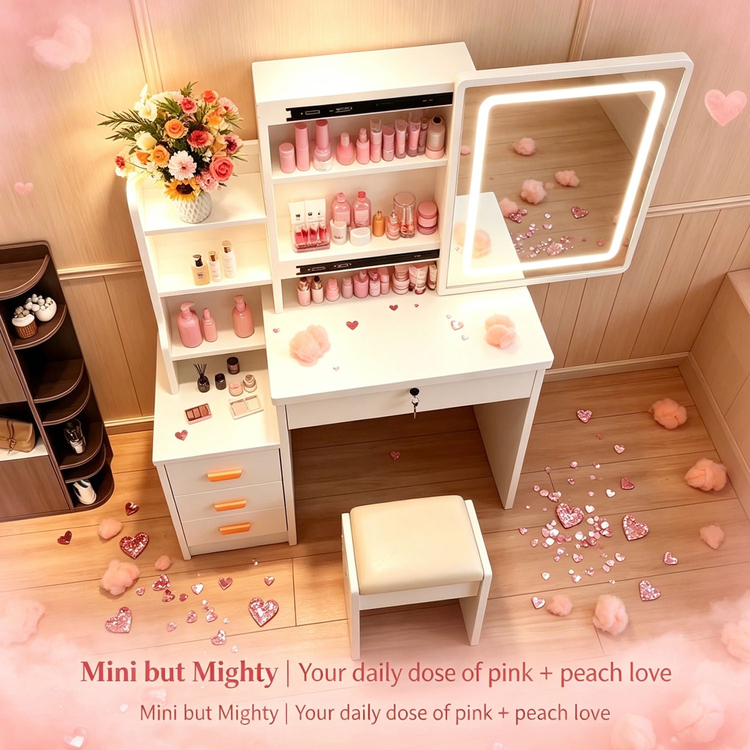Vanity Set With LED Mirror, Storage Dressing Table &amp; Cushioned Stool - Cream White