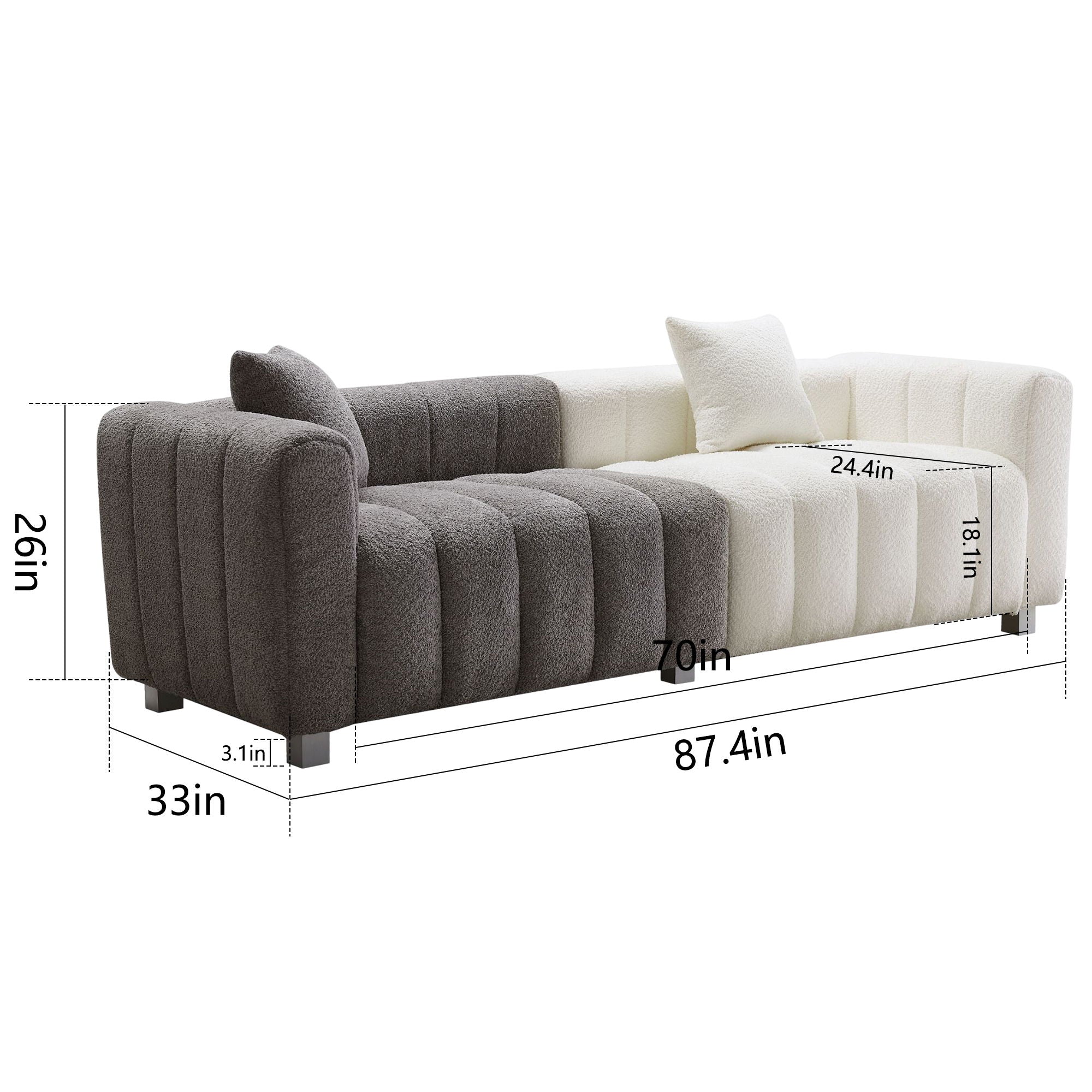 3 Seater Sofa With Metal Base Legs And 2 Pillows In +, 87.4&quot; Premium Couch For Living Room - White / Gray