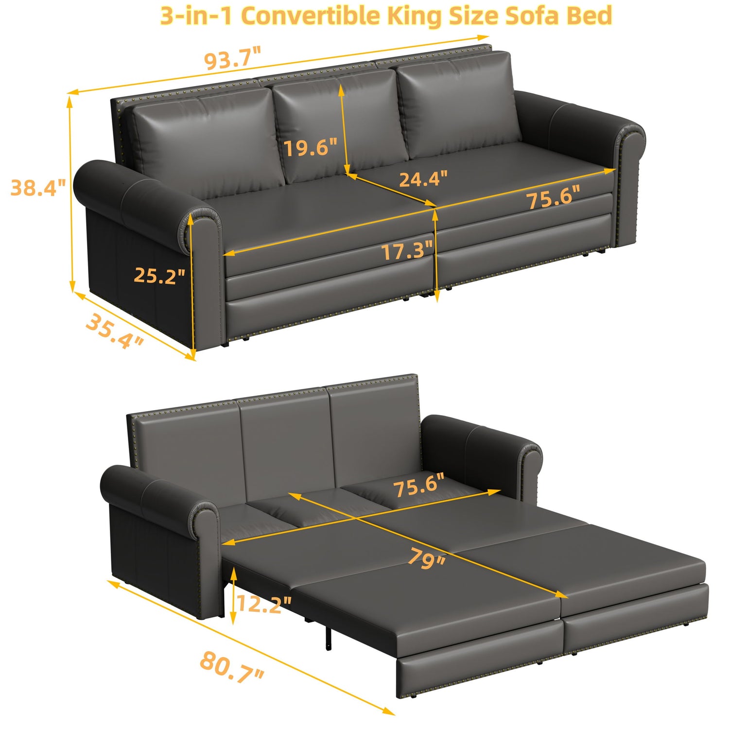 3 In 1 Convertible Sleeper Sofa With Nailhead Trim &amp; Rolled Arm