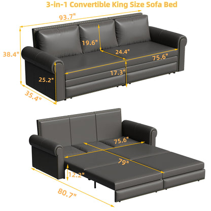 3 In 1 Convertible Sleeper Sofa With Nailhead Trim &amp; Rolled Arm