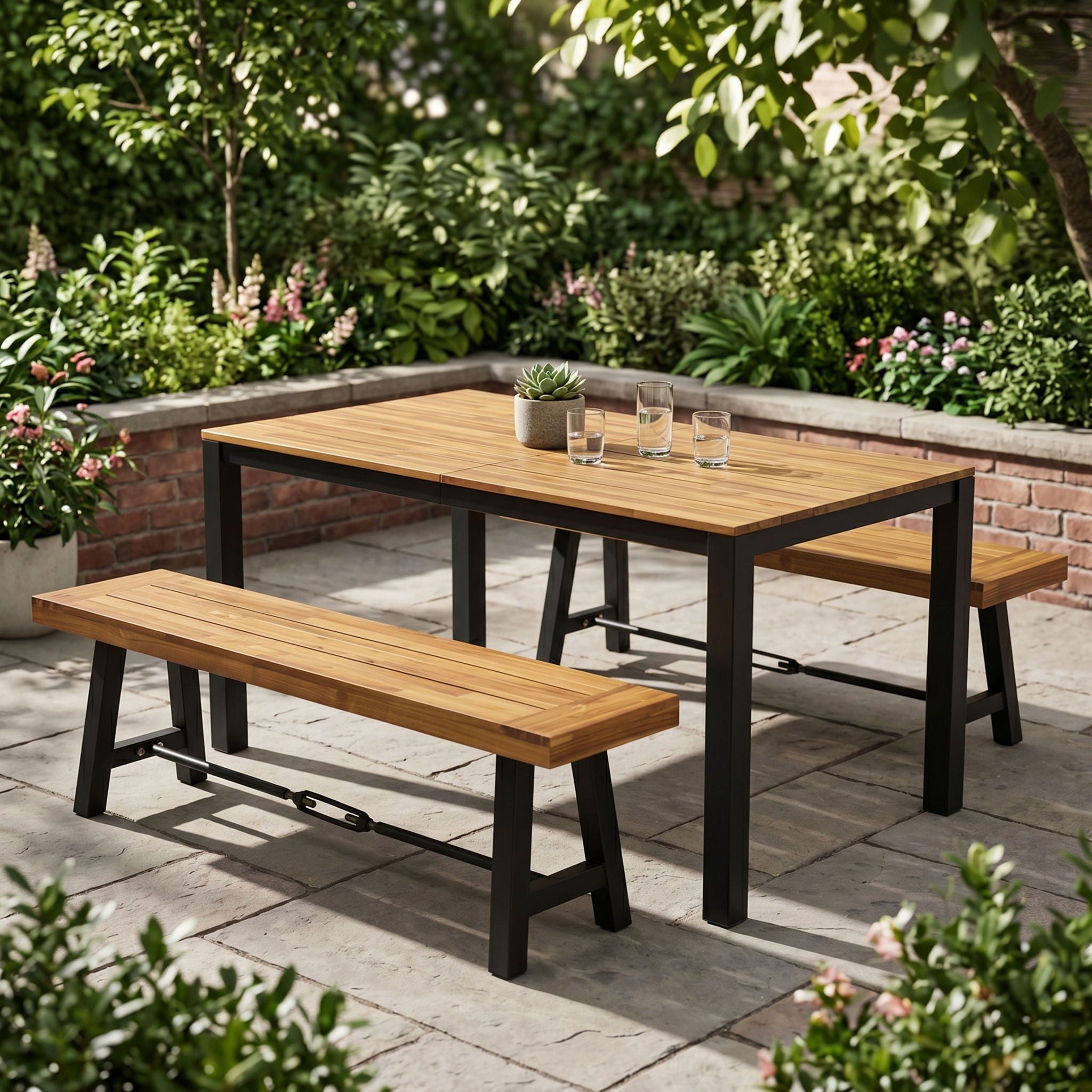 3 Piece Outdoor Dining Set, Rectangular Patio Table &amp; 2 Benches - Black / Teak