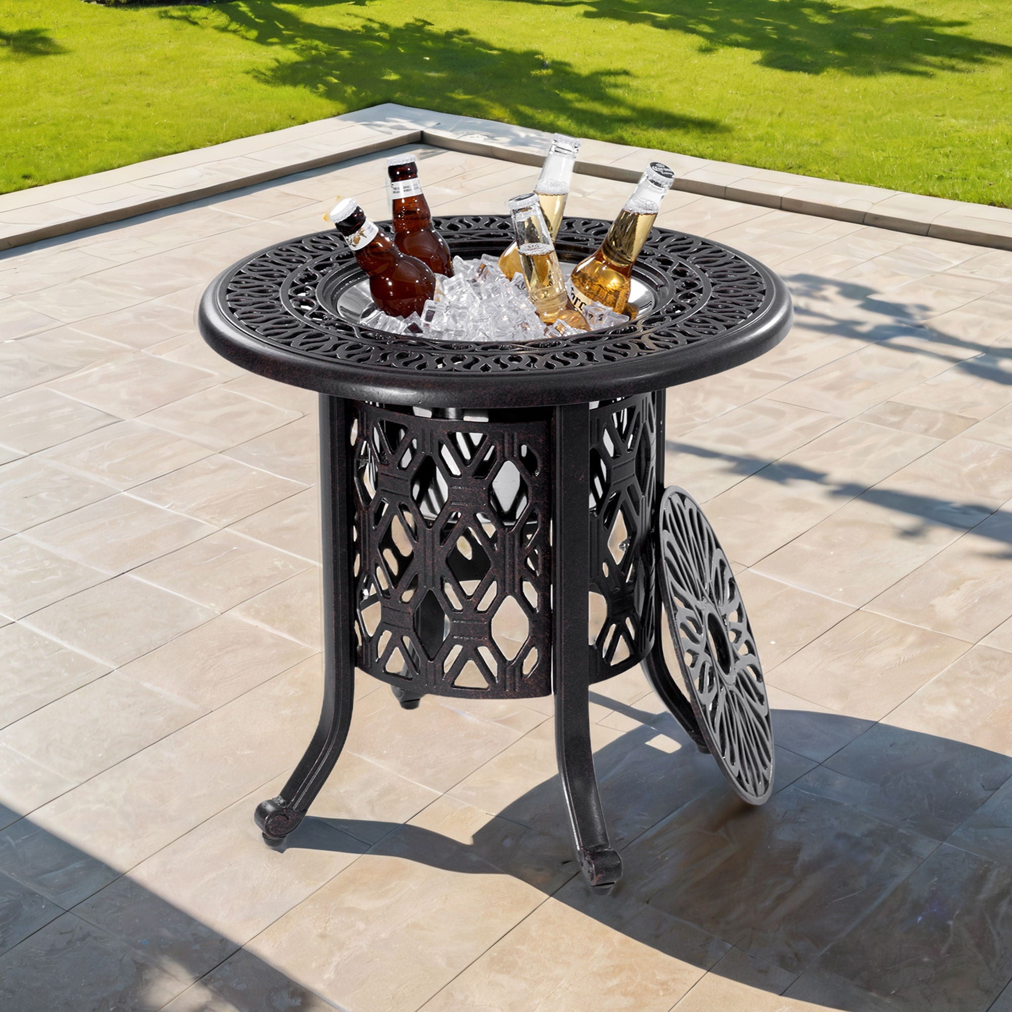 Side Table With Removable Ice Bucket, Hand Brushed Finish, Food Grade Bucket For Indoor &amp; Outdoor Use - Antique Bronze