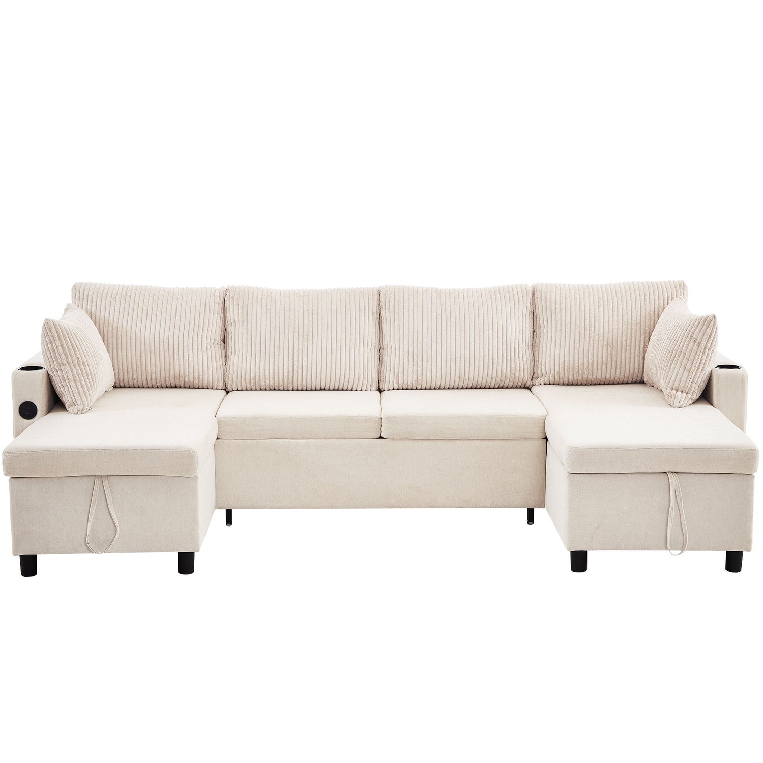 Sectional Sofa Bed With Pull Out Sleeper, USB Ports, Cup Holders