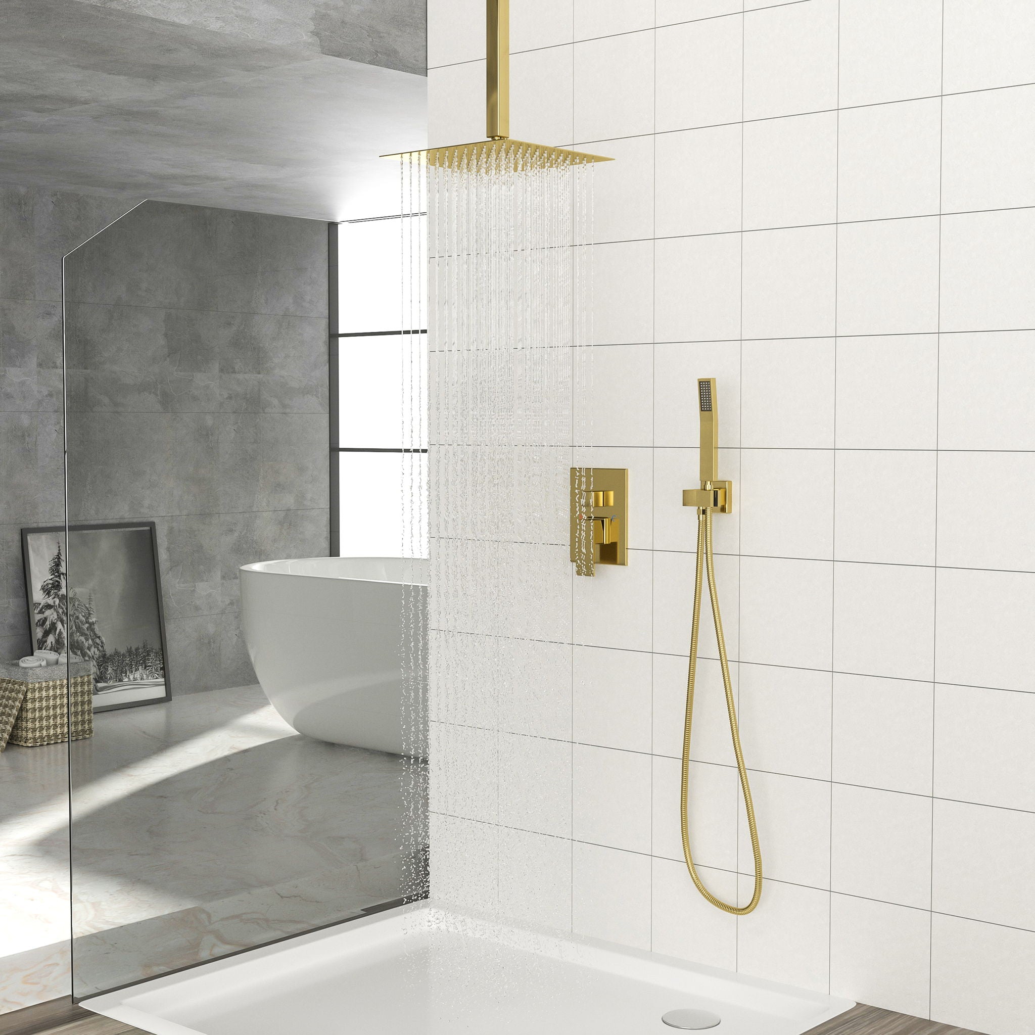 Modern Dual Shower Head System With 16&quot; Ceiling Mount Finish, Stainless Steel And Brass