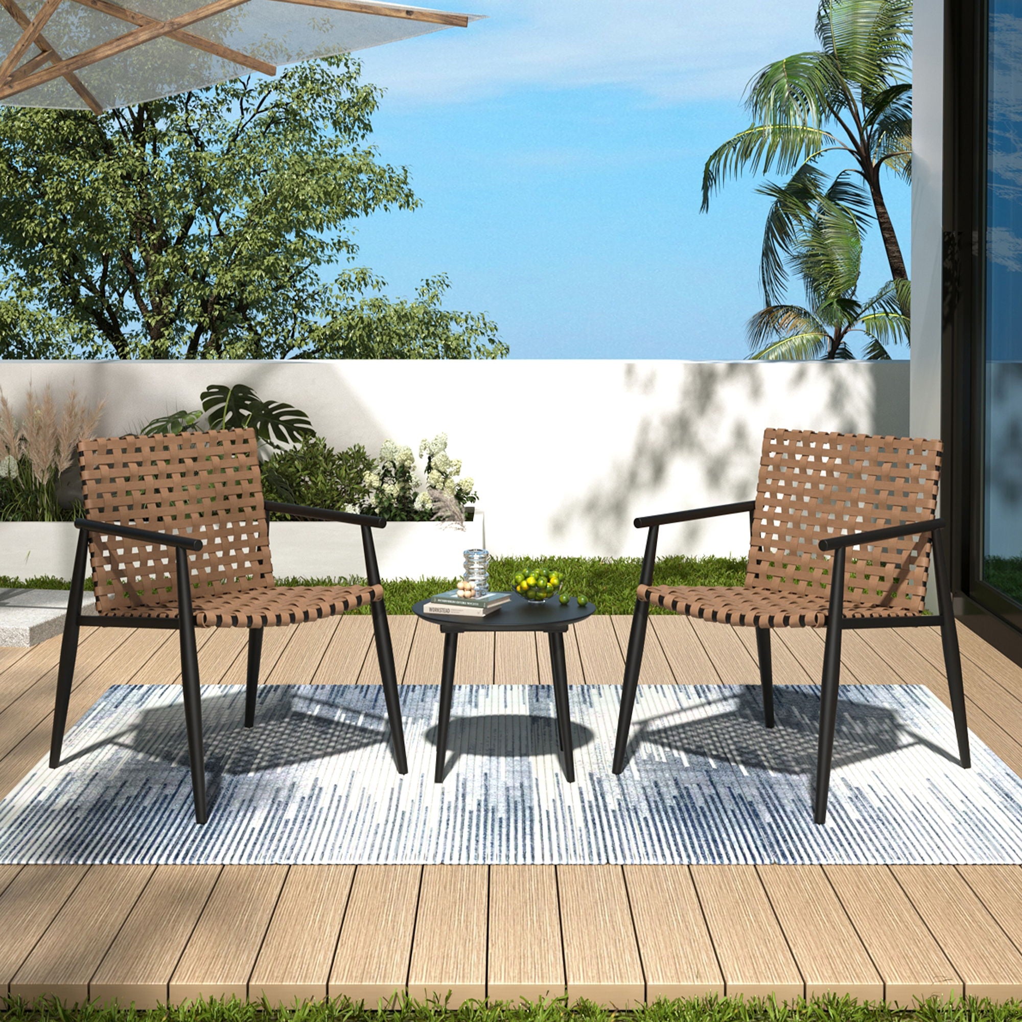 Outdoor Chat Set, 2 Chairs &amp; Side Table - Black / Brown