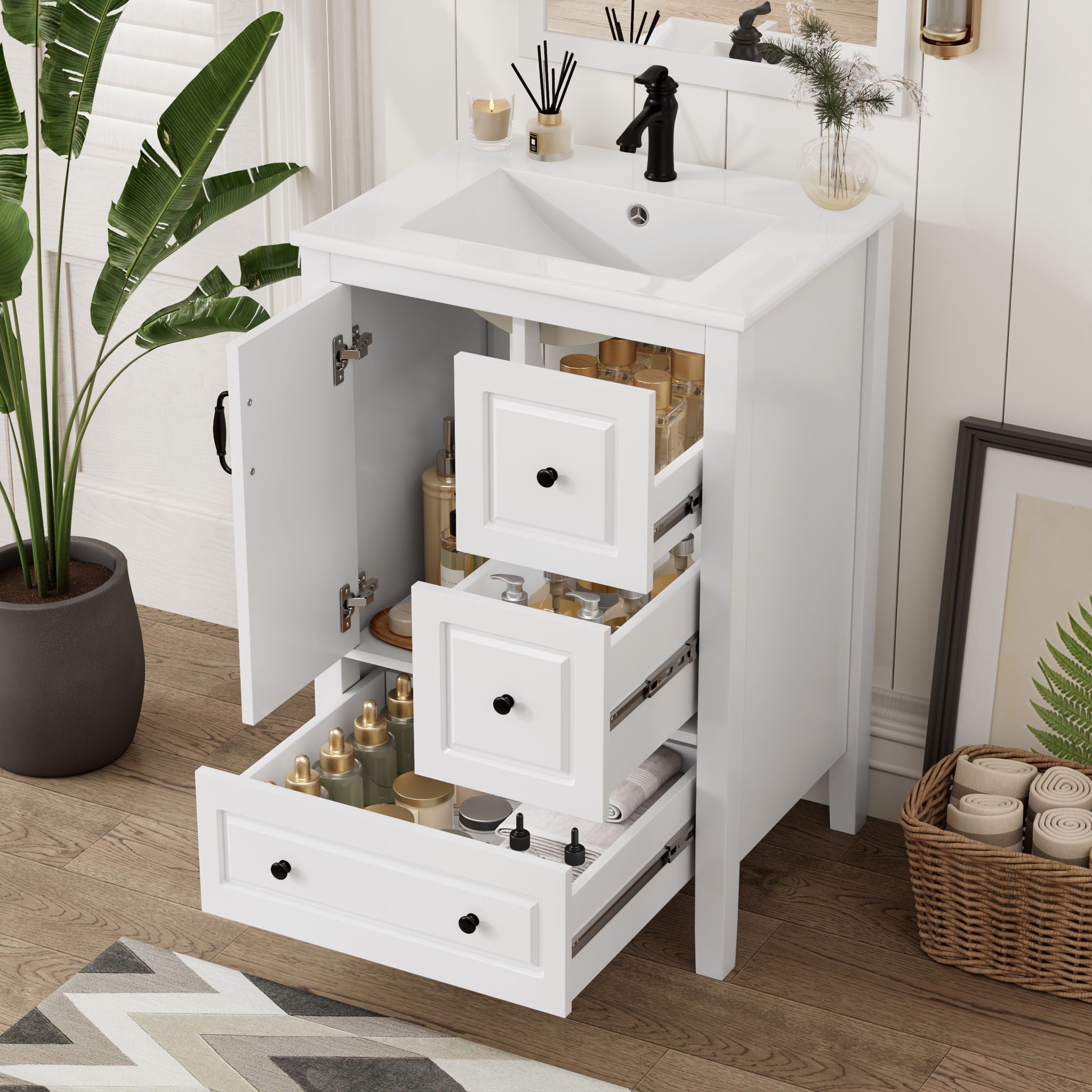 Retro Bathroom Vanity With Sink, Soft Closing Cabinet &amp; Drawers