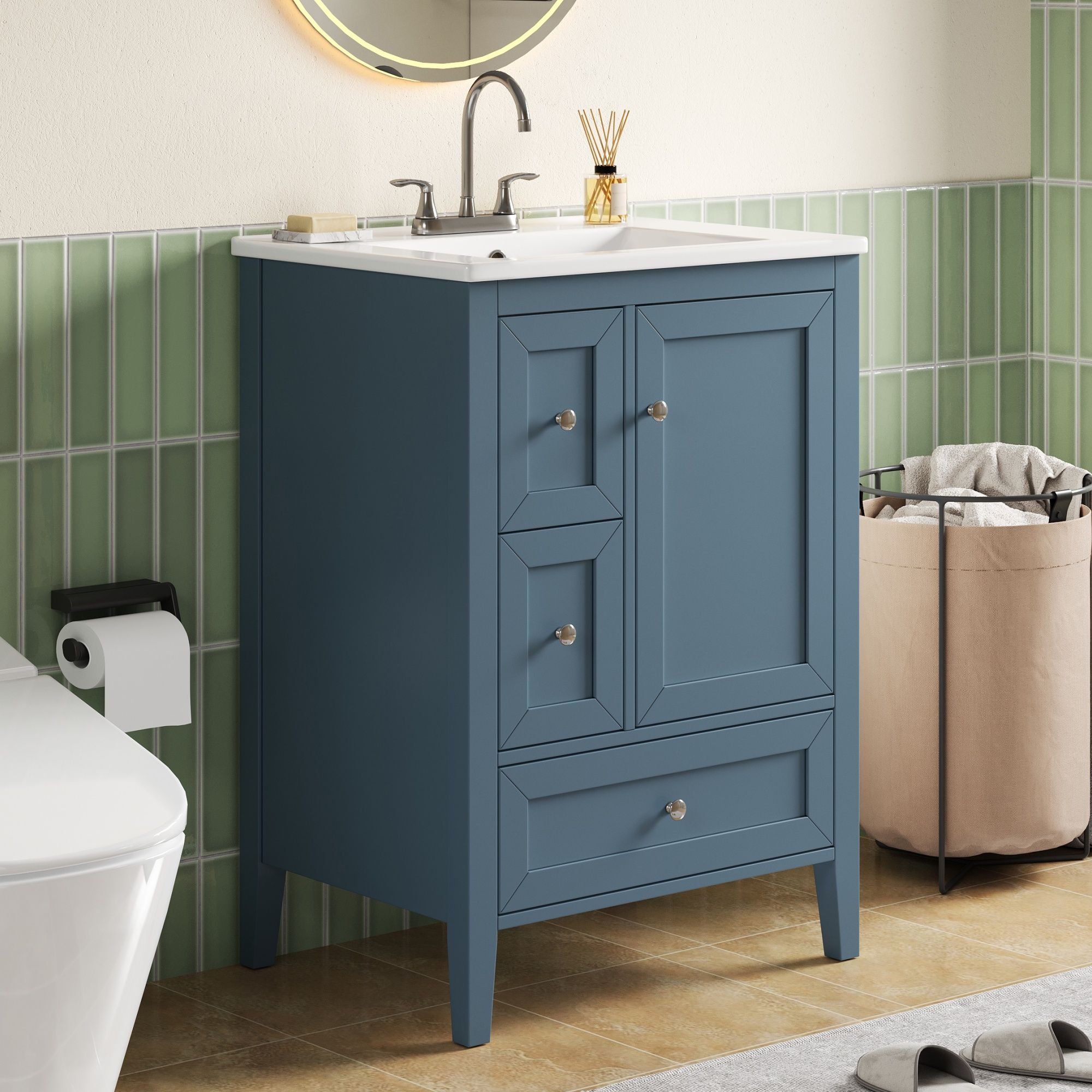 Modern Bathroom Vanity With Sink, Soft Close Drawers &amp; Door, Storage Rack