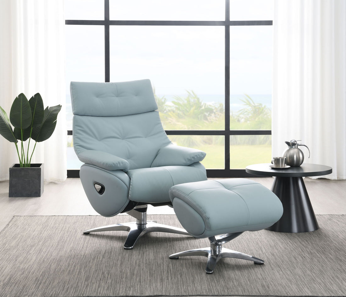 Janella - Top Grain Leather Accent Chair With Swivel &amp; Ottoman - Baby Blue