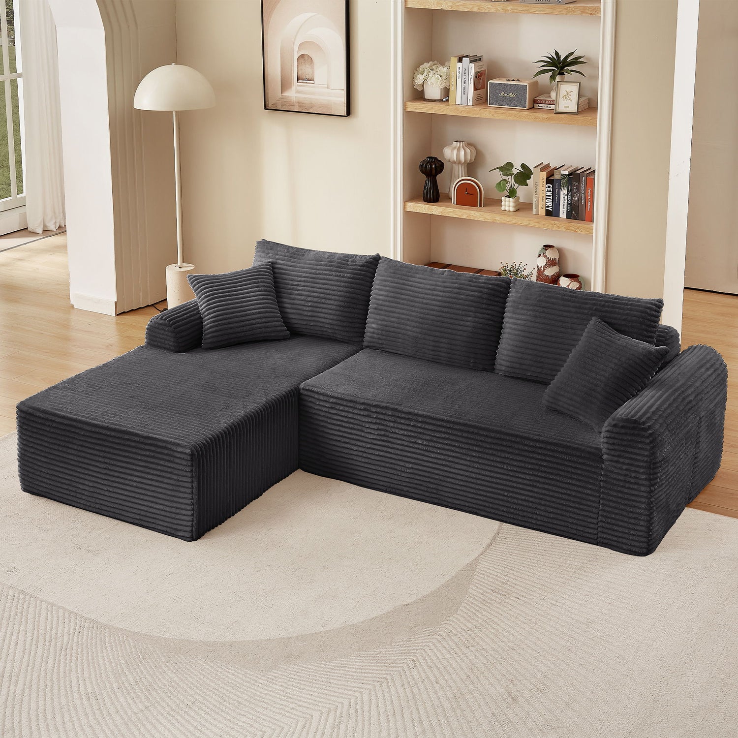 Modular Corduroy Sectional With Arched Armrests, Includes 3 Back Cushions &amp; 2 Throw Pillows
