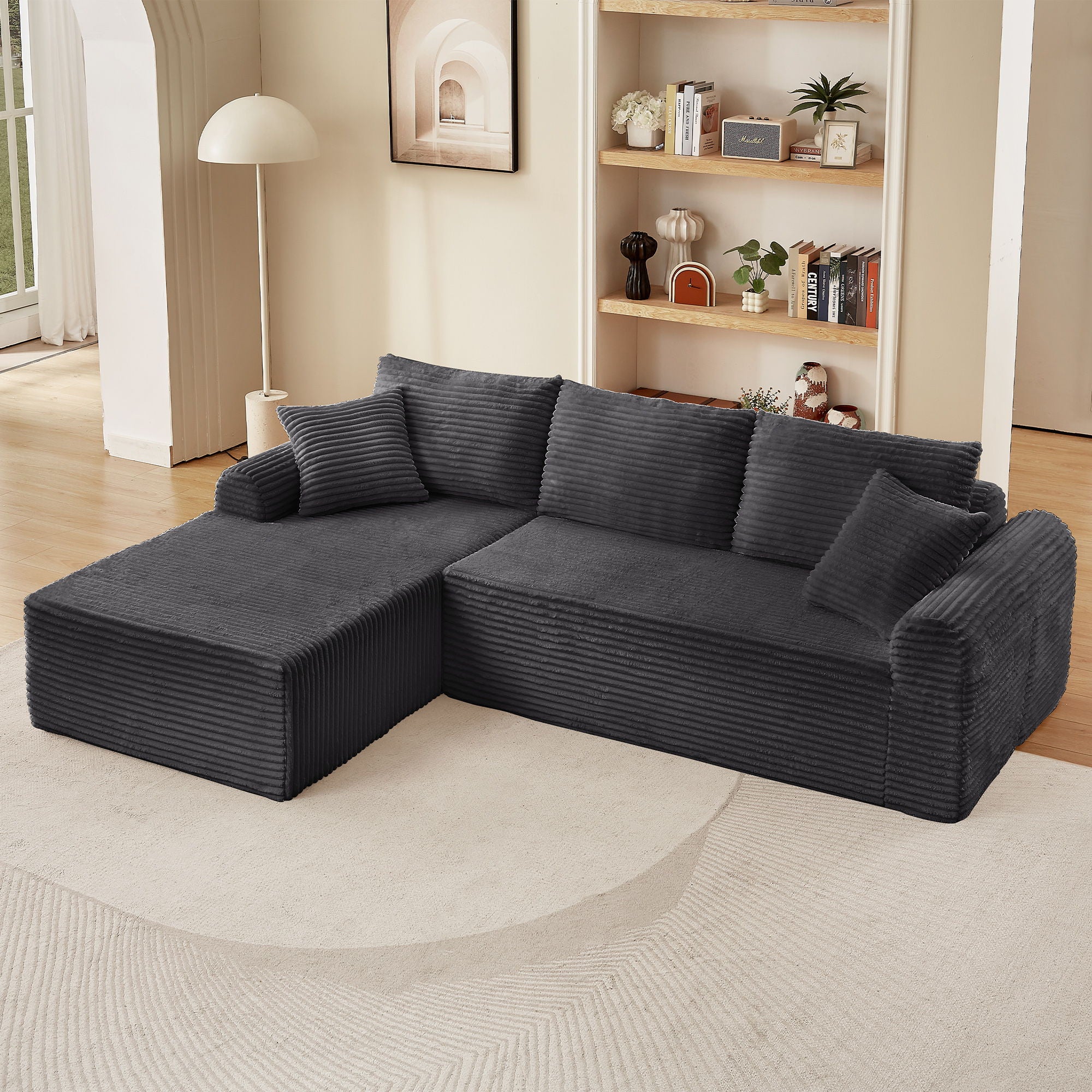 Modular Corduroy Sectional With Arched Armrests, Includes 3 Back Cushions &amp; 2 Throw Pillows