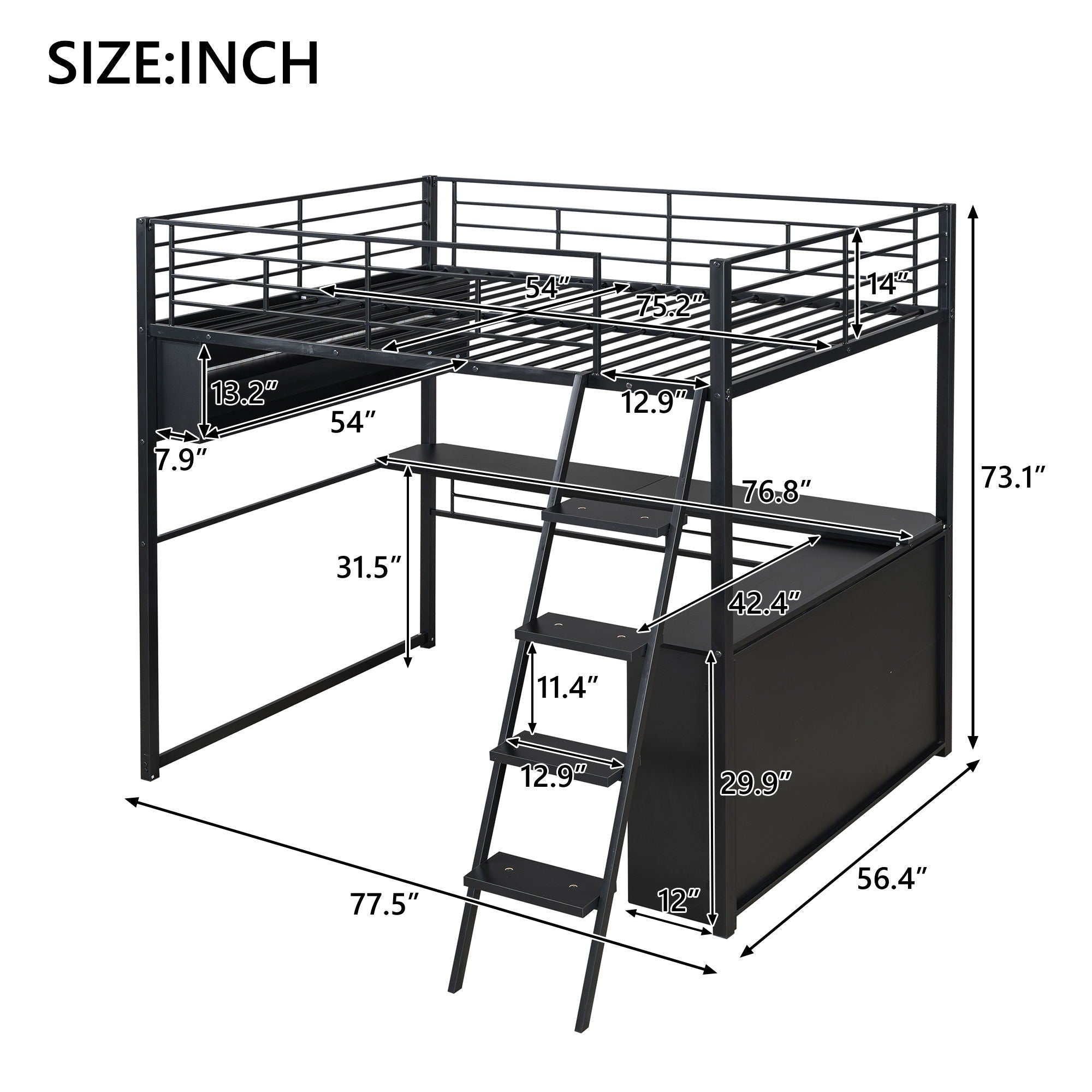 Loft Bed With LED Desk And 4 Storage Shelves