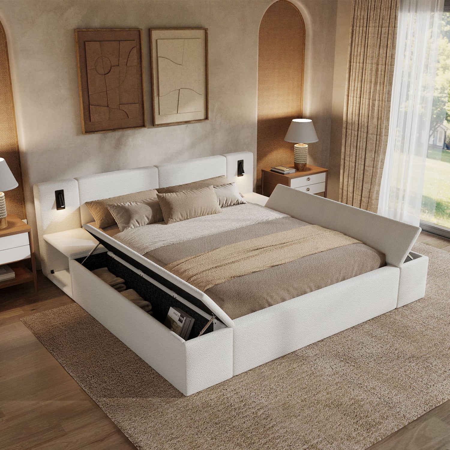 Upholstered Platform Bed Frame With Hidden Storage, Built-In Nightstands &amp; LED Reading Lights
