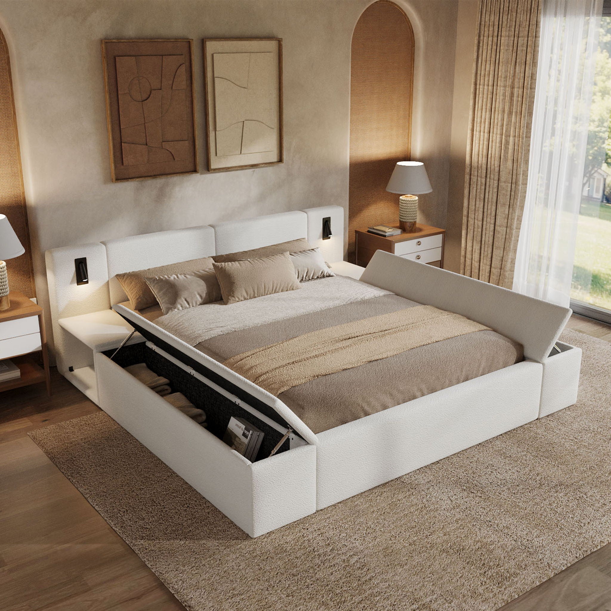 Upholstered Platform Bed Frame With Hidden Storage, Built-In Nightstands &amp; LED Reading Lights