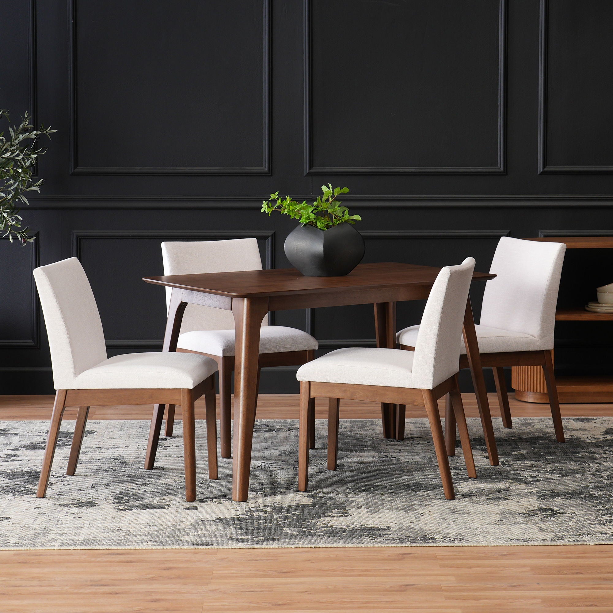 5 Piece Dining Set With 4 Upholstered Chairs - Light Beige / Walnut