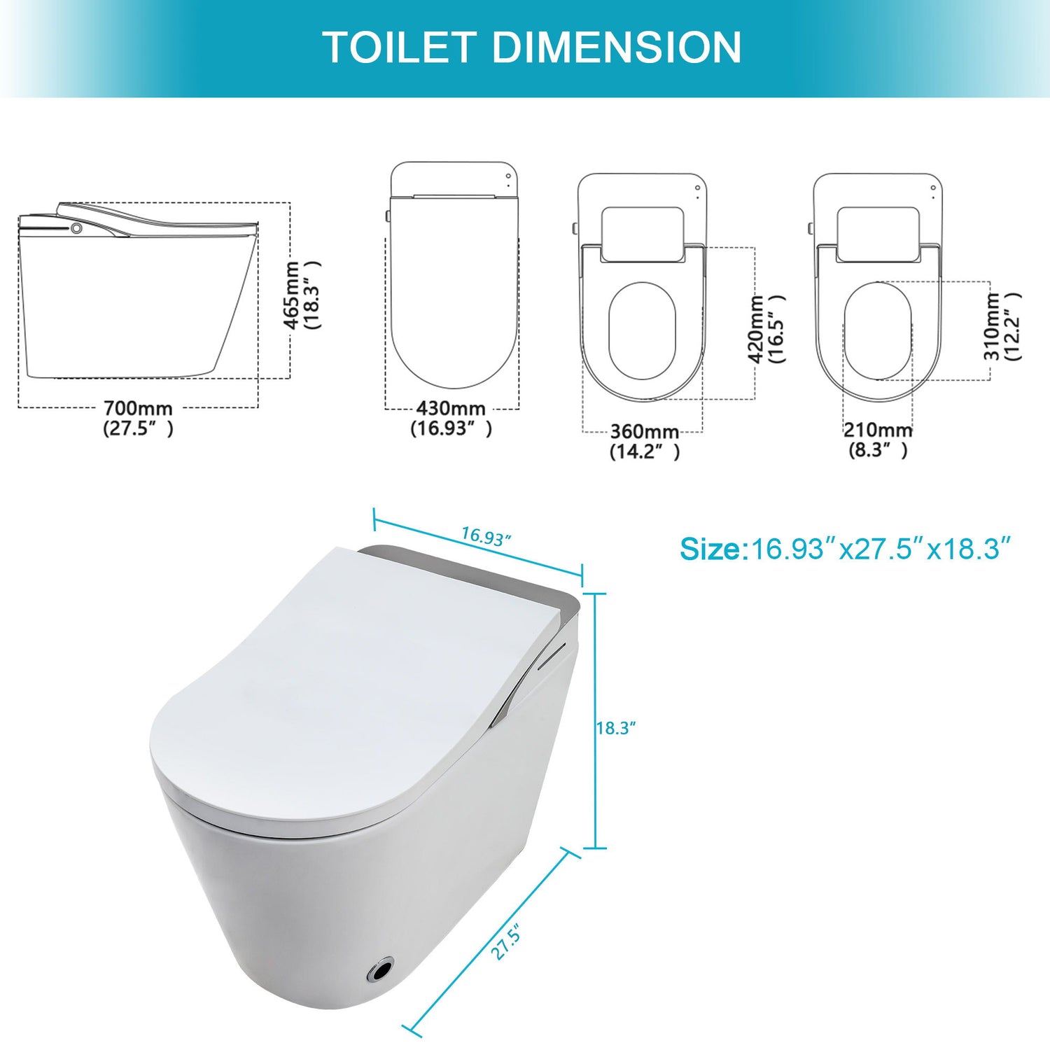 Smart Bidet Toilet Combo With Auto Open &amp; Close, Heated Seat, Foot Sensor Flush, LED Display, Ceramic - White